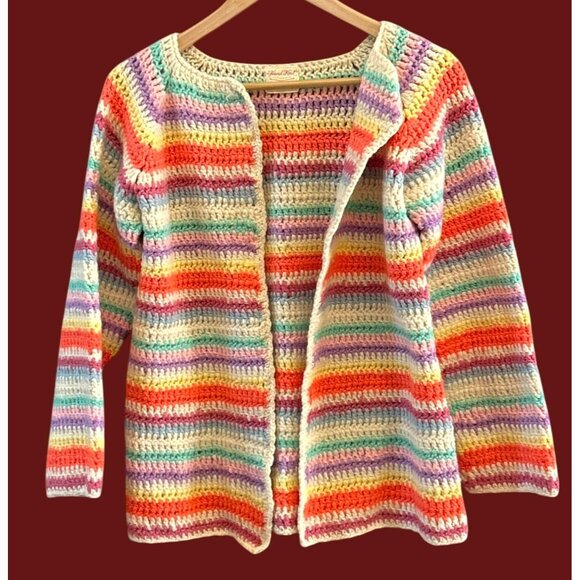 Hand Knit Rainbow Stripe Bohemian Cozycore Open Cardigan Craftcore Rare Festival - Picture 1 of 4